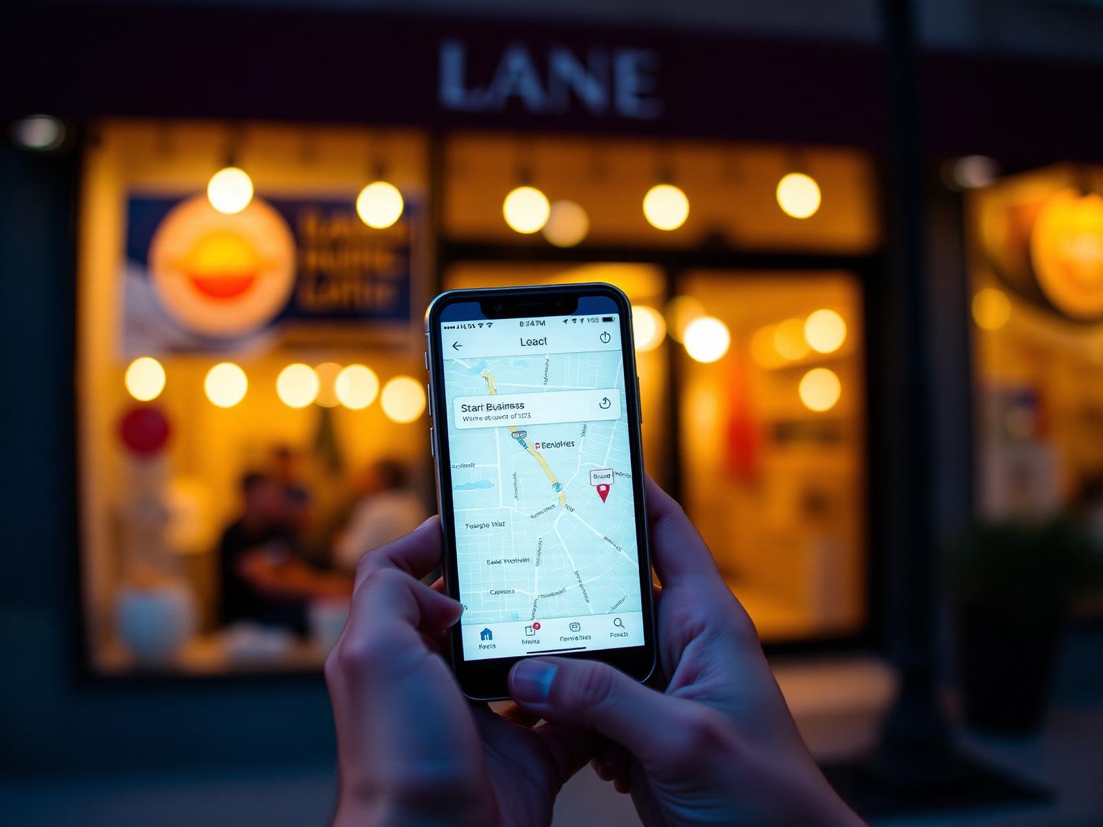 A hand holding a phone showing a local business map result outside a lit storefront