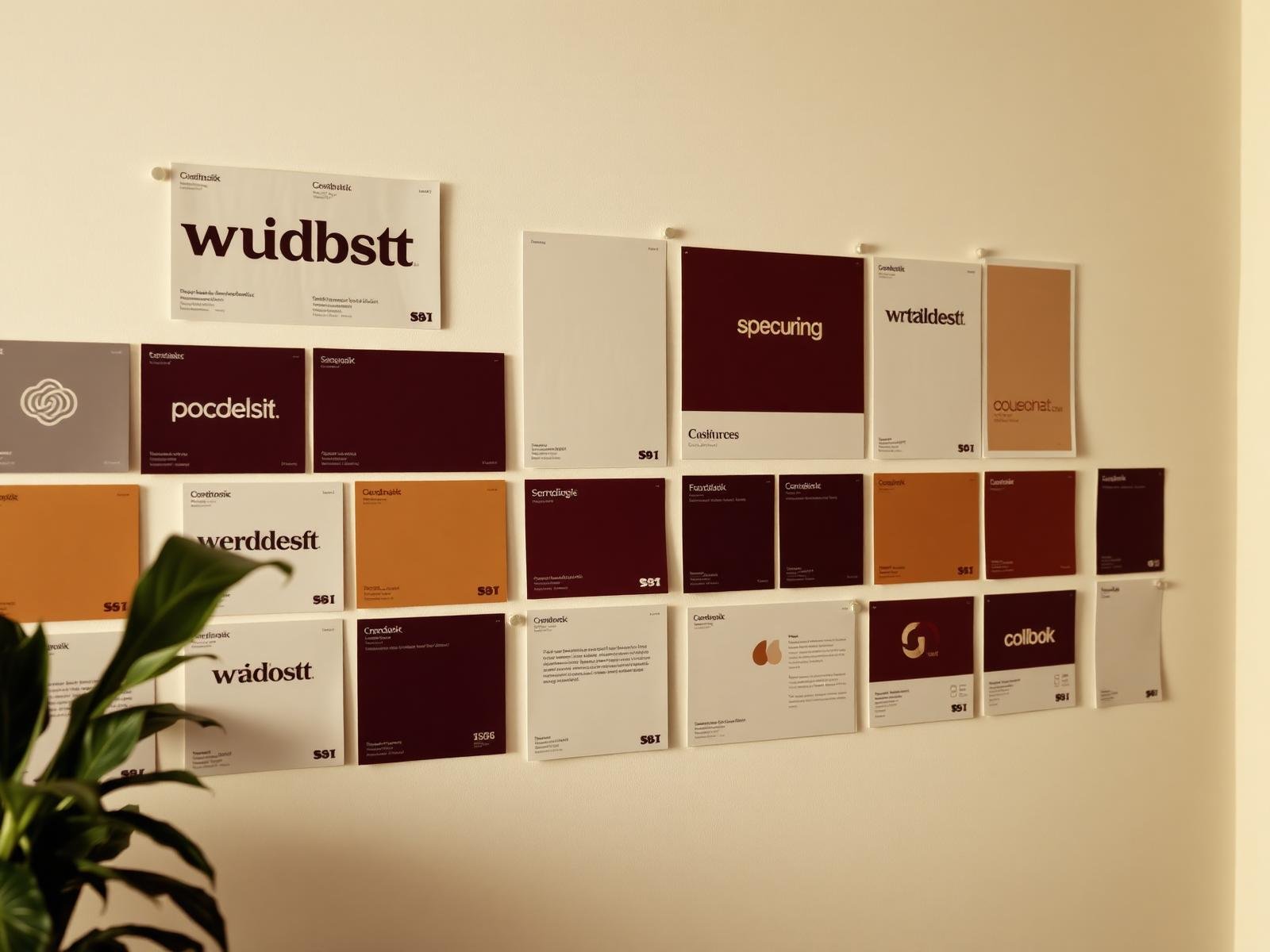 A studio wall of brand identity sheets, colour swatches and typography specimens