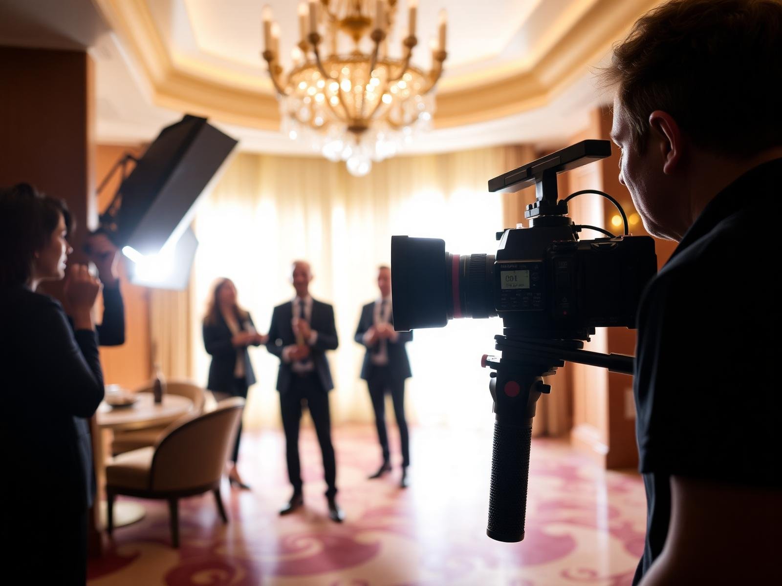 A film crew shooting a brand video inside a luxury hotel interior