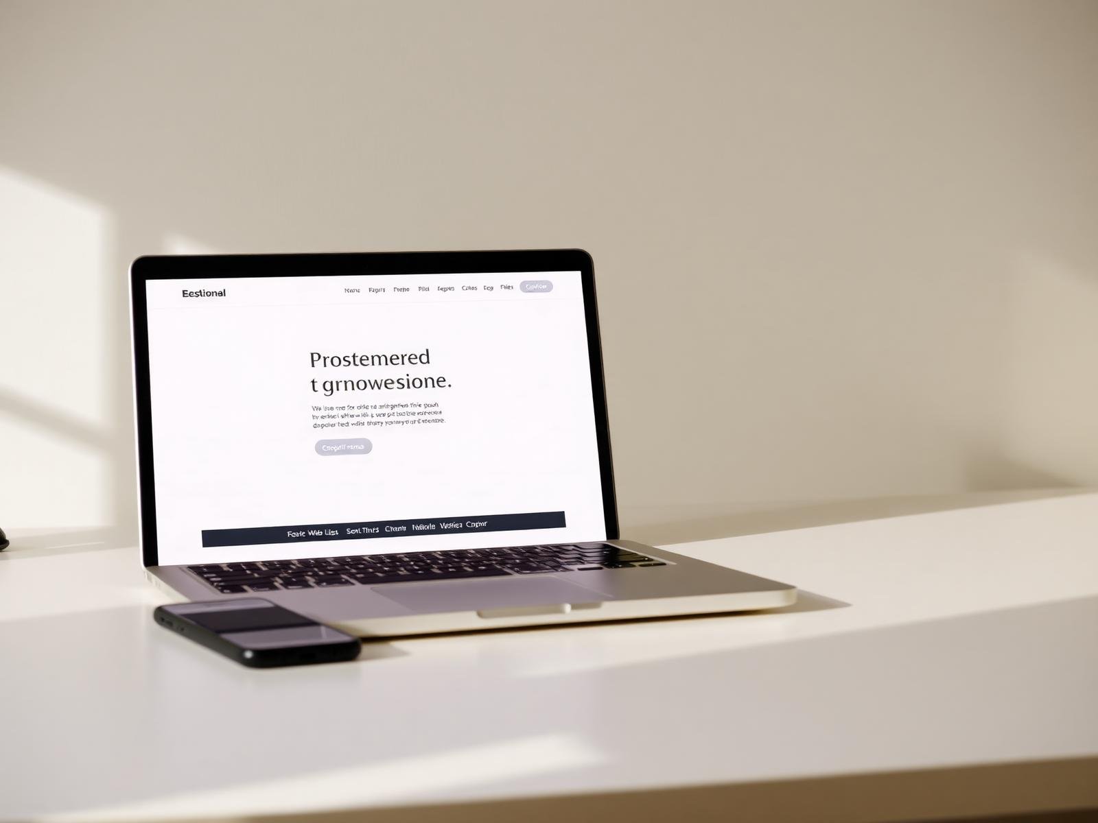 A minimal website layout on a laptop beside a phone on an ivory desk