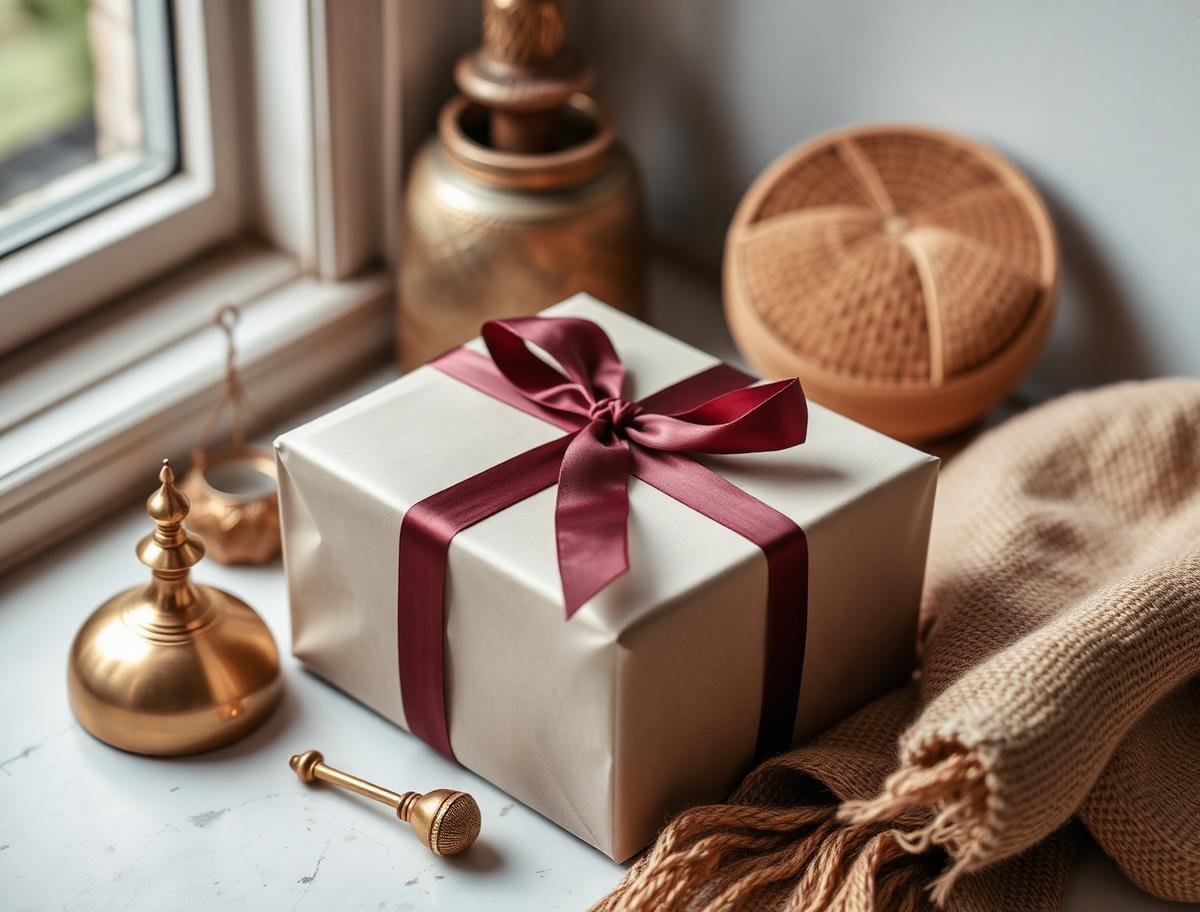 A hand-wrapped gift beside brass objects and woven textile