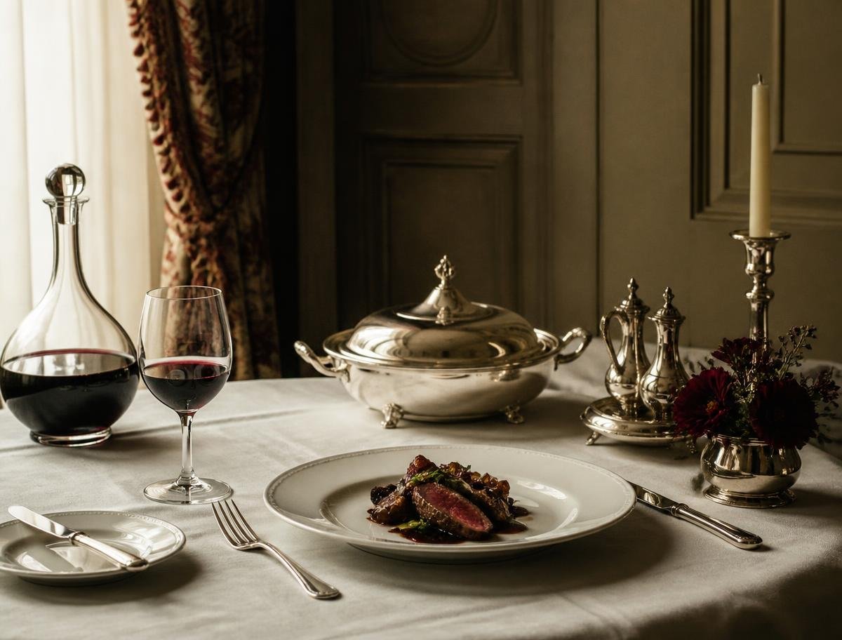 A composed table setting with silver service