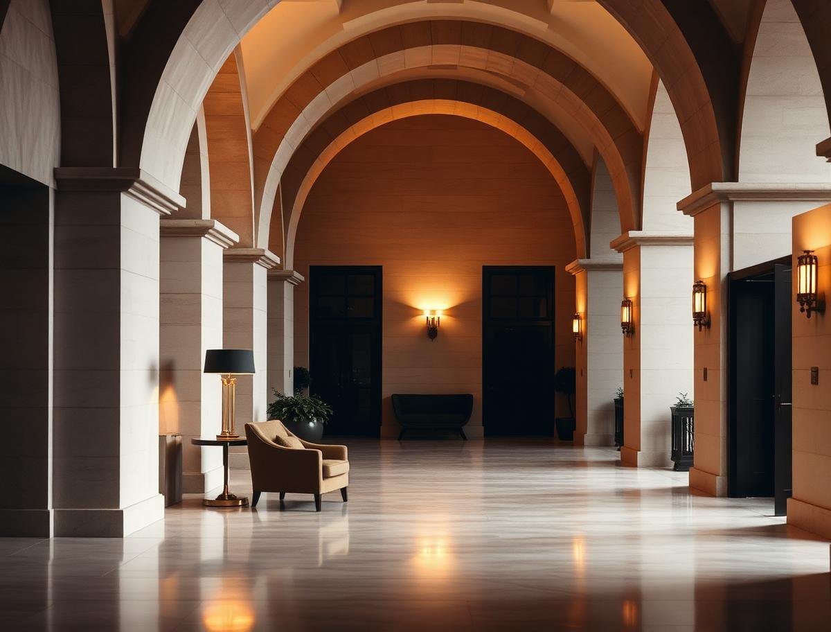 A quiet hotel colonnade at dusk