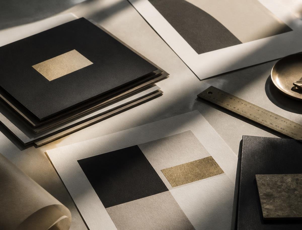 Printed brand specimens arranged on a desk