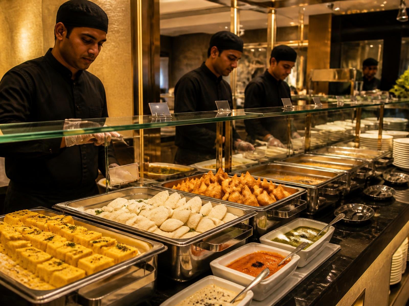 SKYMAX service team plating a workplace buffet counter of Indian dishes
