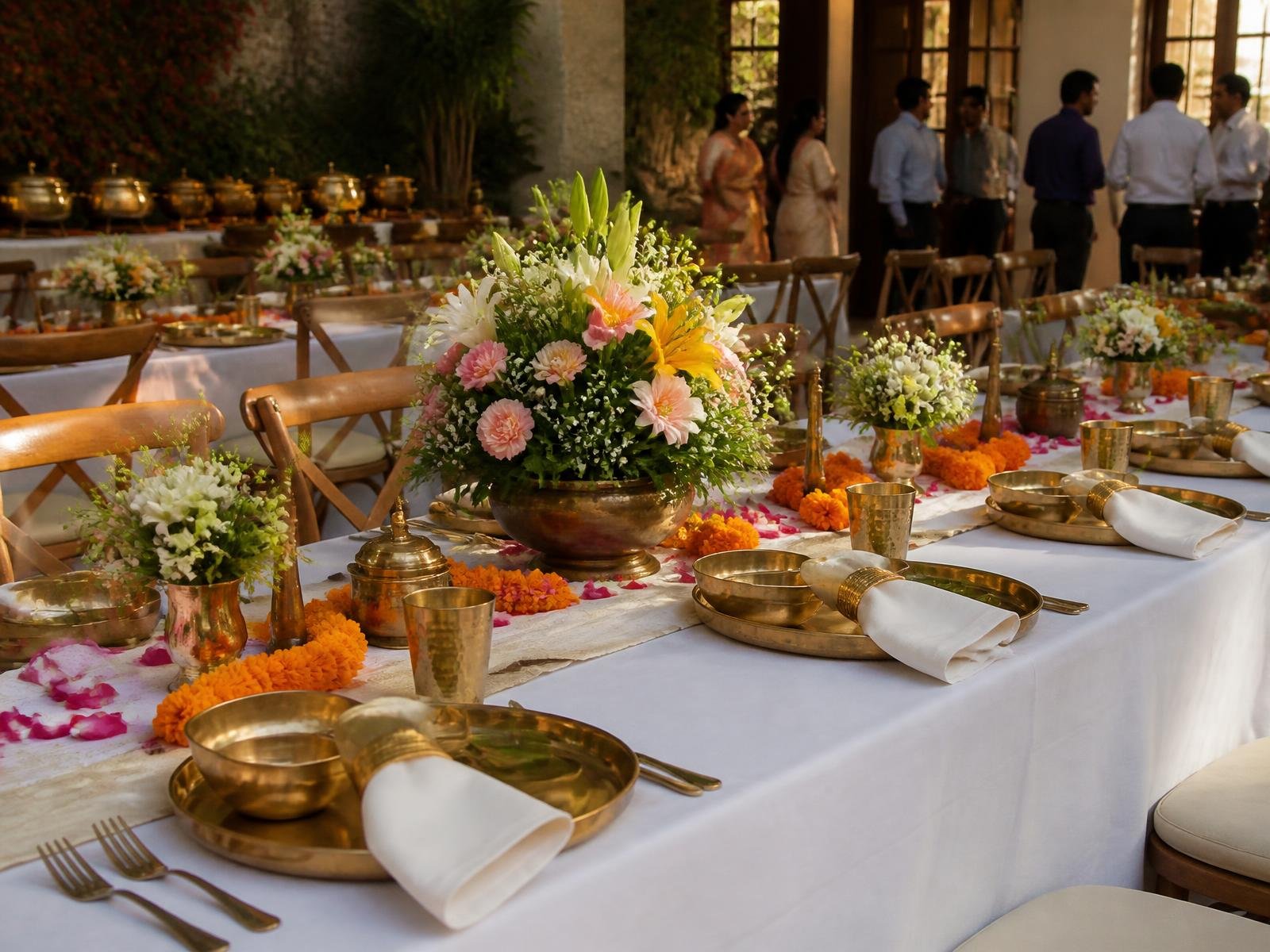 A banquet hall laid for a large formal dinner