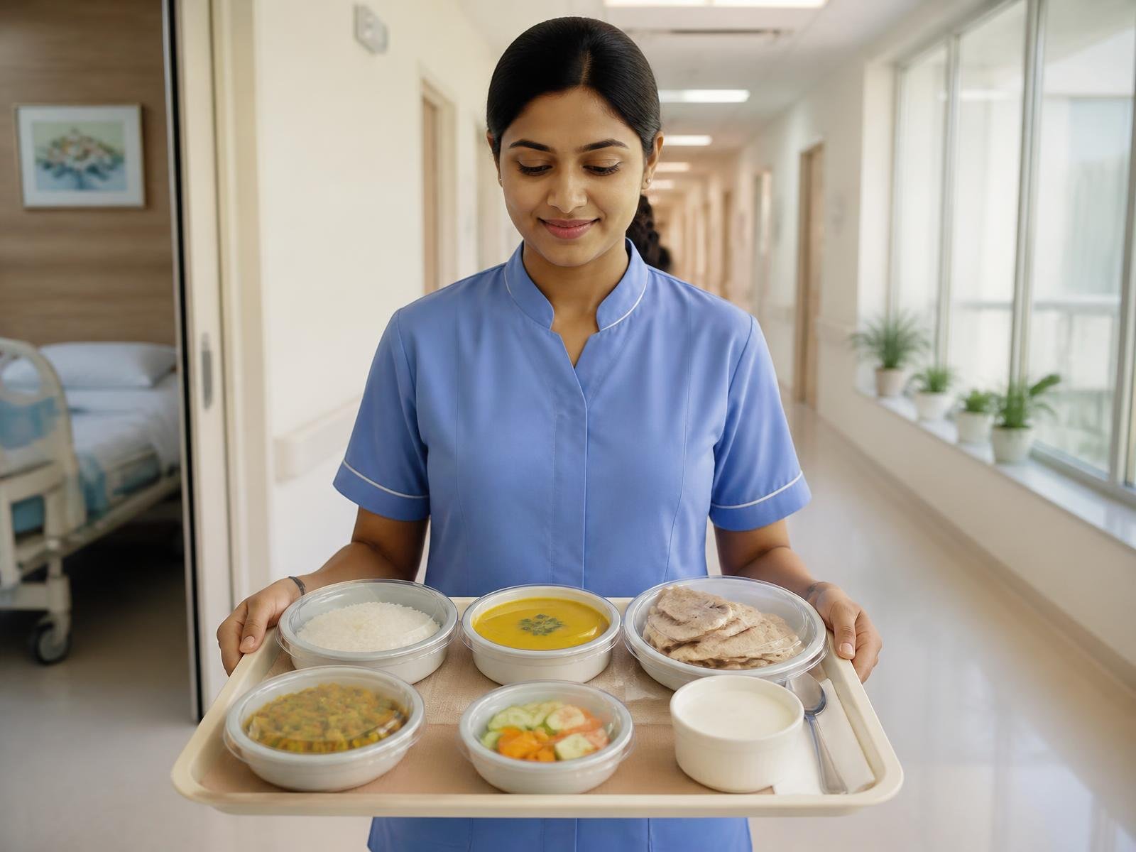 Attendant carrying a covered patient meal tray through a bright hospital corridor