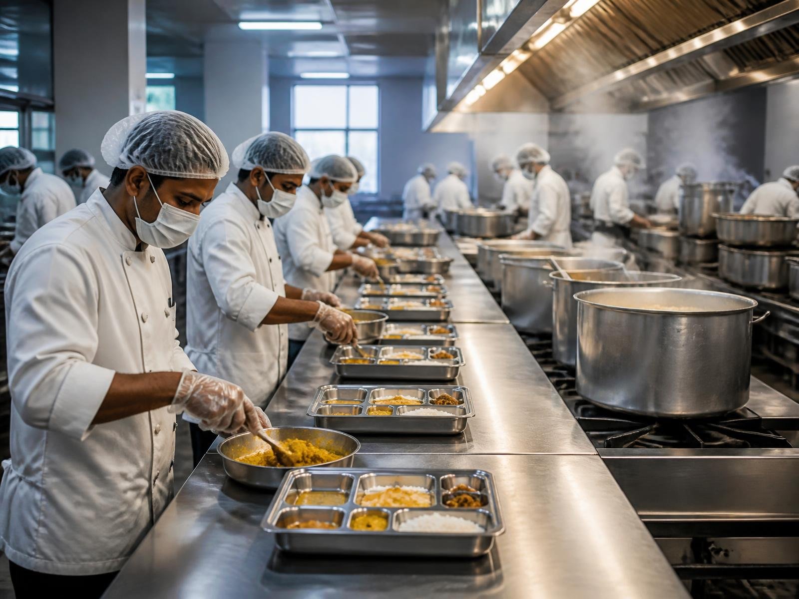Chefs plating meal trays in the SKYMAX central production kitchen